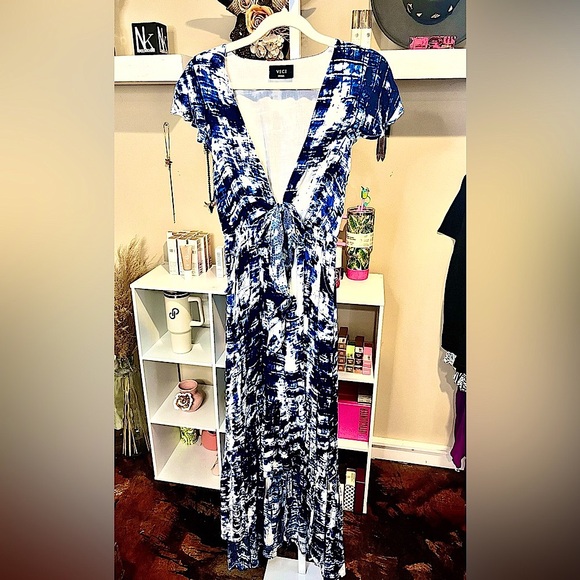 Vici Blue and White Maxi Plunge Sundress - Picture 1 of 11